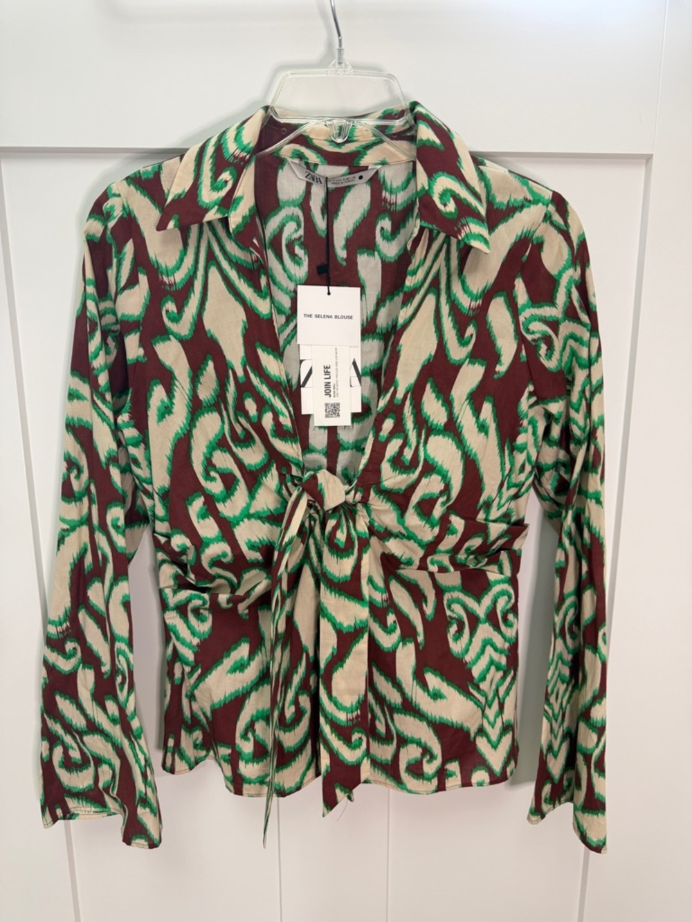 Zara Selena Tie-Front Printed Blouse in Green, Cream & Brown
